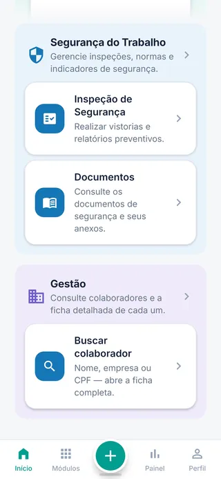 Tela de módulos do app Ximed, com Segurança do Trabalho e Gestão
