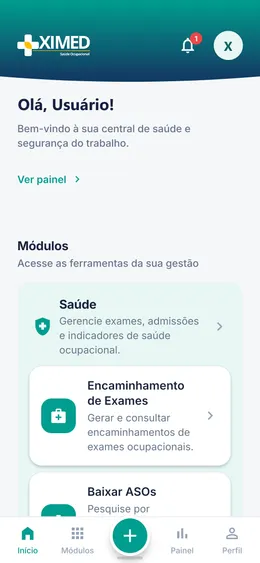 Tela Início do app Ximed